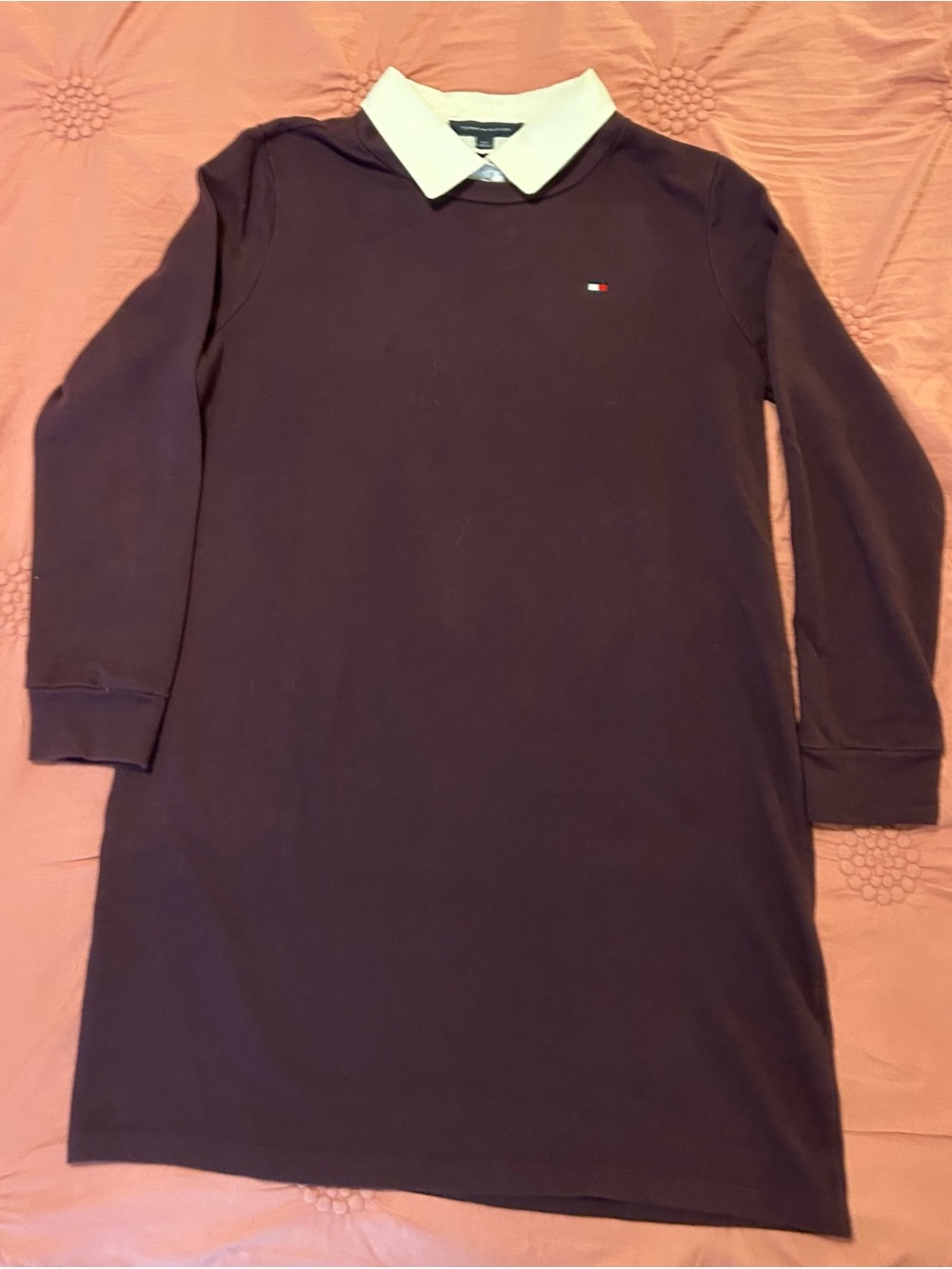 Tommy Hilfiger Maroon Long-Sleeve Fleece Dress with White Collar